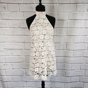 NBD XS White lacy halter Top open back dress mini lined